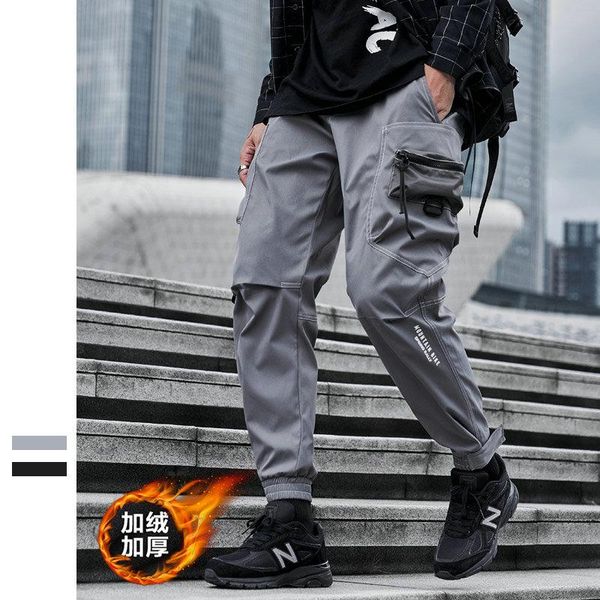 

streetwear cargo pant man hip hop tactical pants elastic waist 2021 winter fleece warm jogger men trousers drop men's, Black
