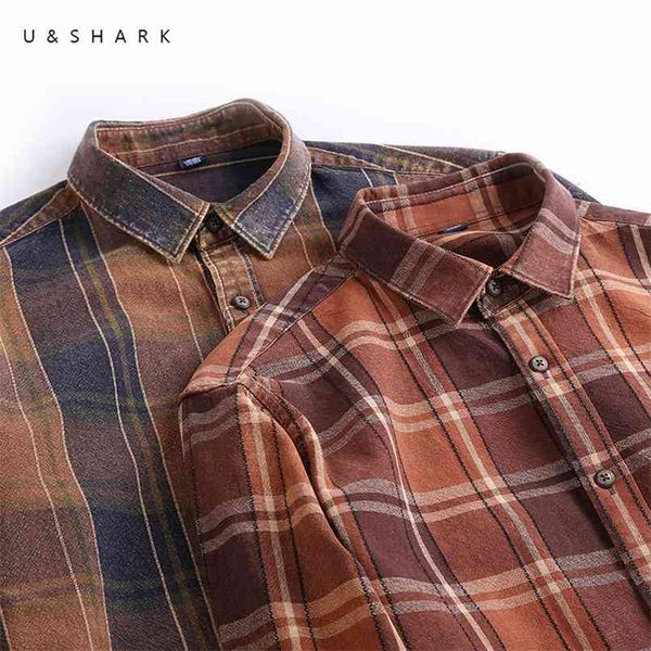 

u&shark brown plaid casual shirts long sleeve spring cotton men vintage checkered shirt social male camiseta masculina 210809, White;black