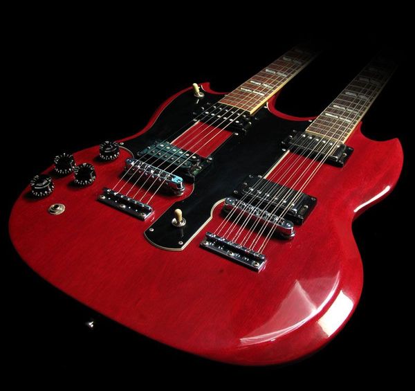 

eds 1275 lefty jimmy page led zeppeli red double neck electric guitar left handed 12+6 strings sg guitars, claw tailpiece, split parallelogr