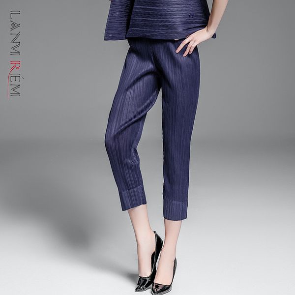 

summer women's pleated pants simple nine-point pants slim folding straight casual female trousers 2e1000 210507, Black;white