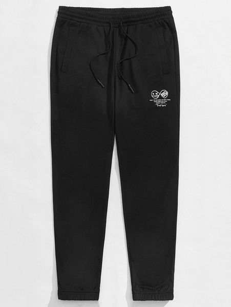 

men drawstring waist slogan & cartoon face pattern sweatpants h6xh#, Black