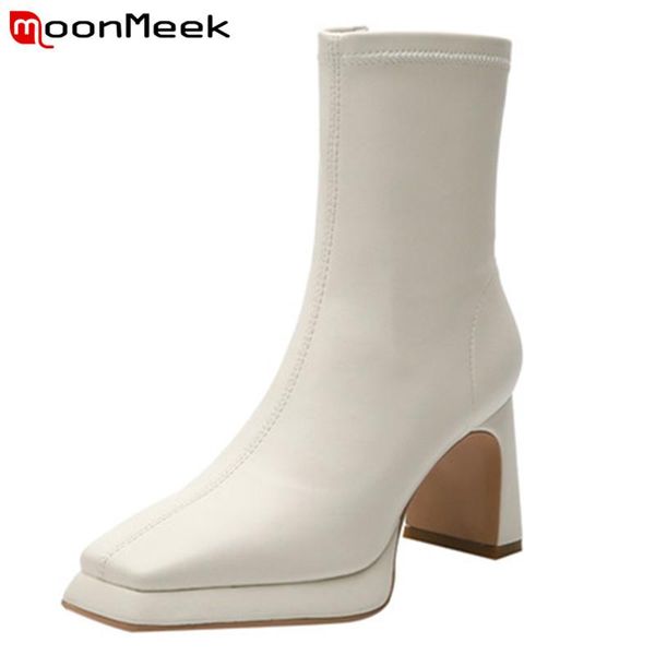 

boots moonmeek 2021 fashion high heels platform shoes women ankle square toe zip pu stretch autumn winter female, Black