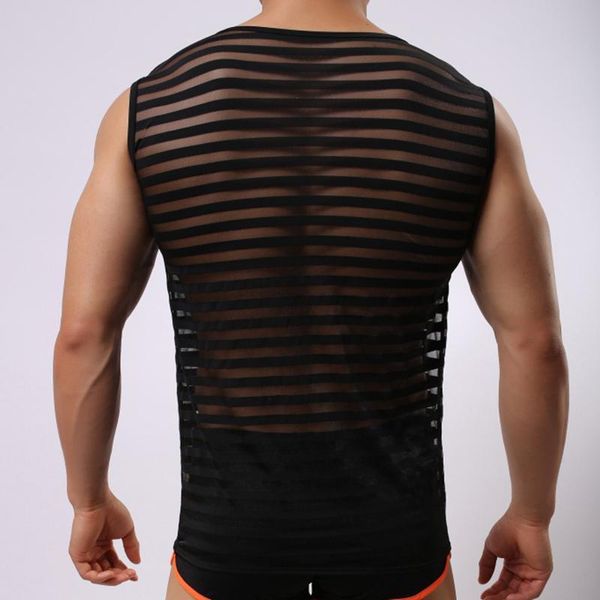Regatas masculinas topo roupas de fitness musculação transparente listrado ginásio roupa interior musculação ropa hombre colete sleevele269v