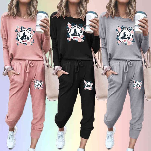 

2021 new autumn jott solid printed bat sleeve women's suit fashion pullover and sweatpants two piece tracksuit (7colors), Black
