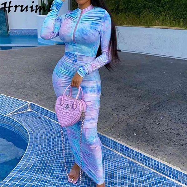 

women long dress elegant tie dye autumn stand collar pleated bodycon maxi skinny party club outerwear robe longue 210513, Black;gray