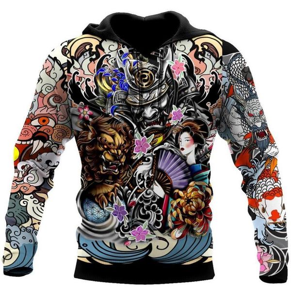 

men's hoodies & sweatshirts fashion autumn hoodie samurai geisha and lion tattoo 3d overall printing casual street zipper pullover 16, Black