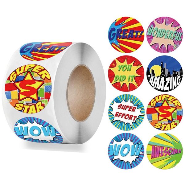 

500pcs/roll English Stickers For Kids Teacher Reward Stickers School Classroom Supplies 1 inch 8 Designs Motivational Stickers