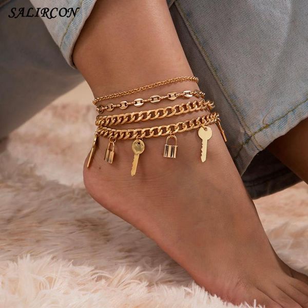 

anklets salircon punk link chain padlock key pendant for women men vintage bracelet on the leg ankle bracelets jewelry 2021 gift, Red;blue
