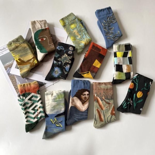 

men's socks retro oil painting portrait personality lovers in the tube fashion simple cotton, Black