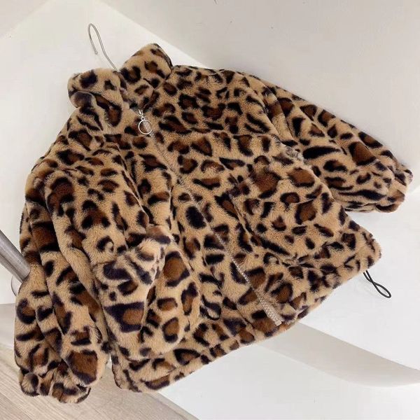 

ins boys girls faux fur coat kids leopard long sleeve outwear 2021 winter children plush thicken warm clothing a8008, Blue;gray