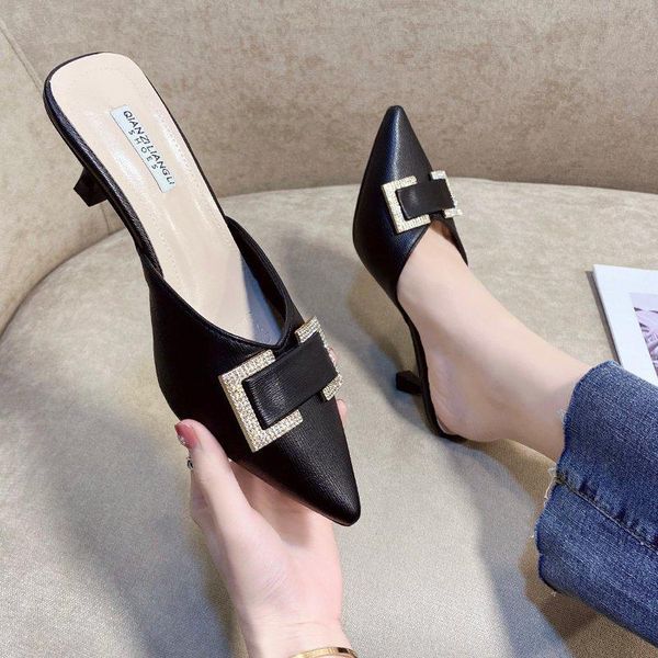 

slippers muller shoes stiletto heels women crystal pointed summer sweet high heel slides mujer, Black