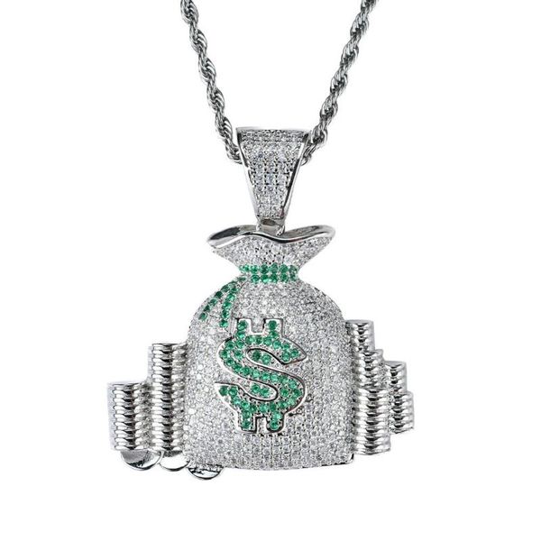 

pendant necklaces men hip hop iced out bling dollar pocket pendants pave setting cubic zirconia male charm necklace hiphop jewelry gifts, Silver