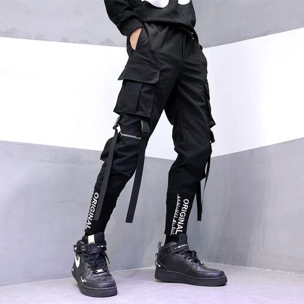 

men's pants letter embroidery cargo dark black trendy big pockets wide oversize harem male trousers hip hop clothes 2021
