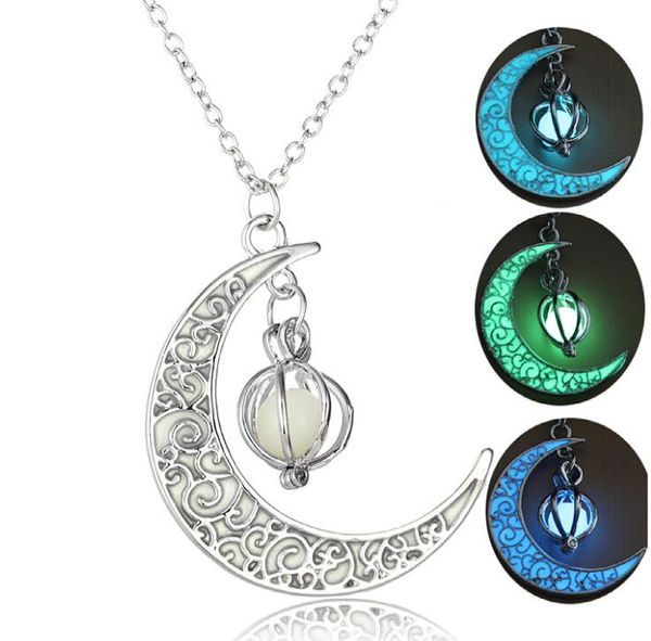 Cor de prata Charme Luminoso Pingente Colar Mulheres Lua Glowing Stone Necklace Colares de Natal Presentes GC677