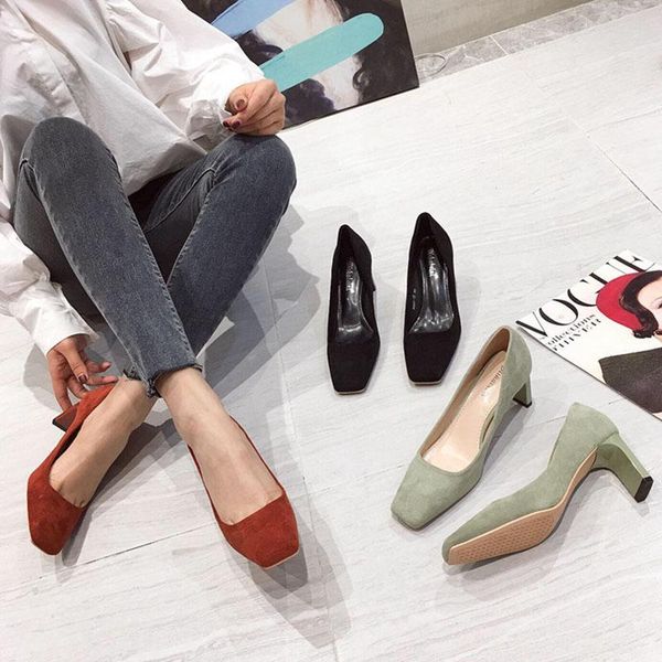 

square high heels shoes woman 2021 autumn flock faux suede toe black women's office ladies female pumps dress