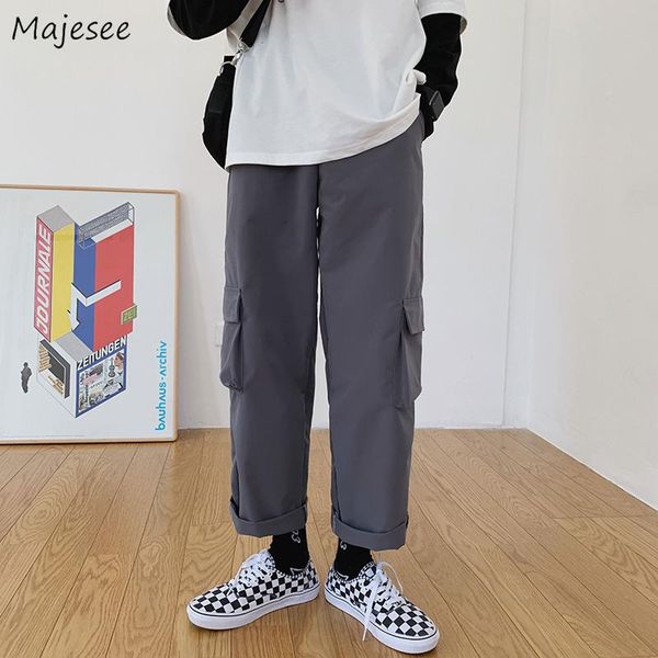 

casual cargo pants men baggy elastic straight cuffs pocket simple solid korean style harajuku chic all-match males streetwear men's, Black