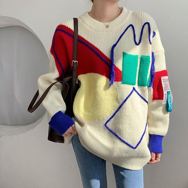 

elegant women pullovers patchwork knitted loose chic thick warm o-neck long sleeve sweater female casual women's sweaters, White;black