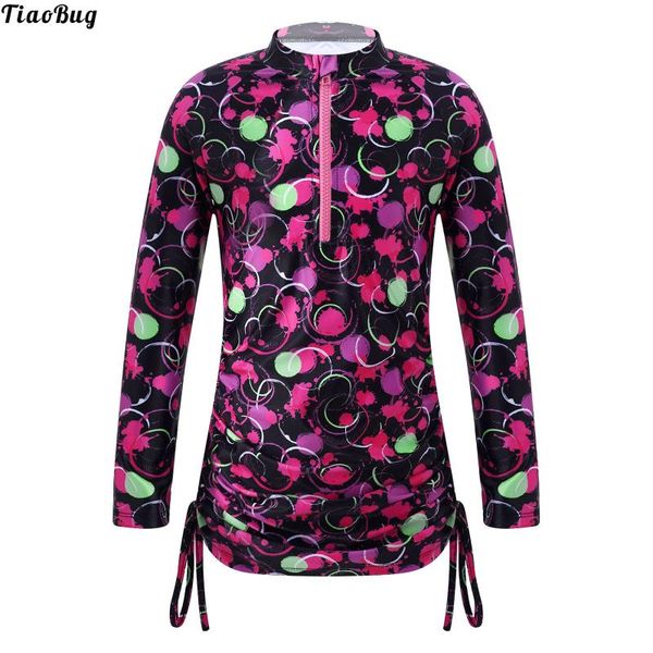 

one-pieces tiaobug kids girls print swimming cover up stand collar long sleeves front zipper side drawstring design rashguard coat, Black