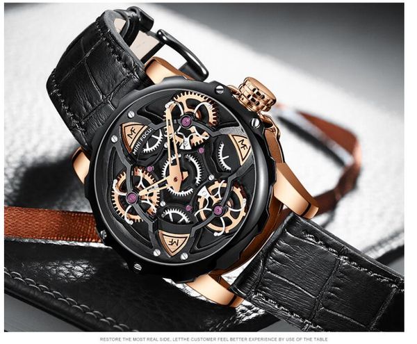 

Gear Style Design Men's Watch Skeleton Tourbillon Leather Belts Steel Casual Male Clock Fashion Relogio Masculino, Bronze