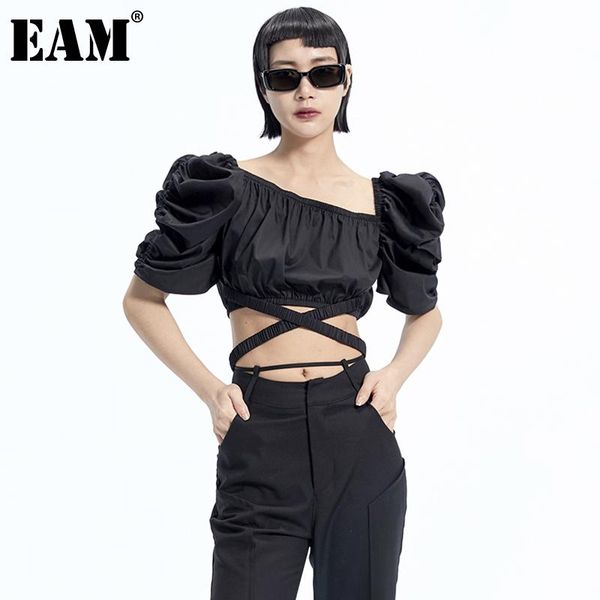 

women's blouses & shirts [eam] women black irregular bandage blouse slash neck short puff sleeve loose fit shirt fashion spring summer, White