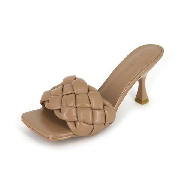 

slippers women's shoes 2021 summer style european and american woven one-word drag square toe stiletto open sandals, Black