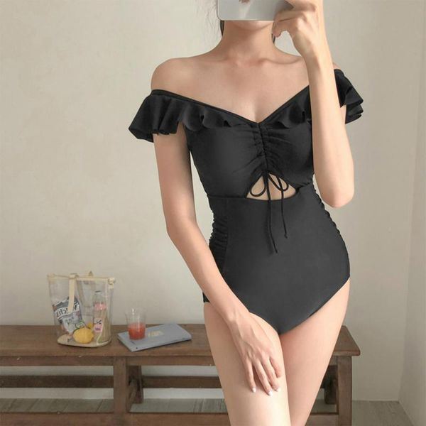 

one-piece suits black swimsuit women's ruffled off shoulder high waist 2021