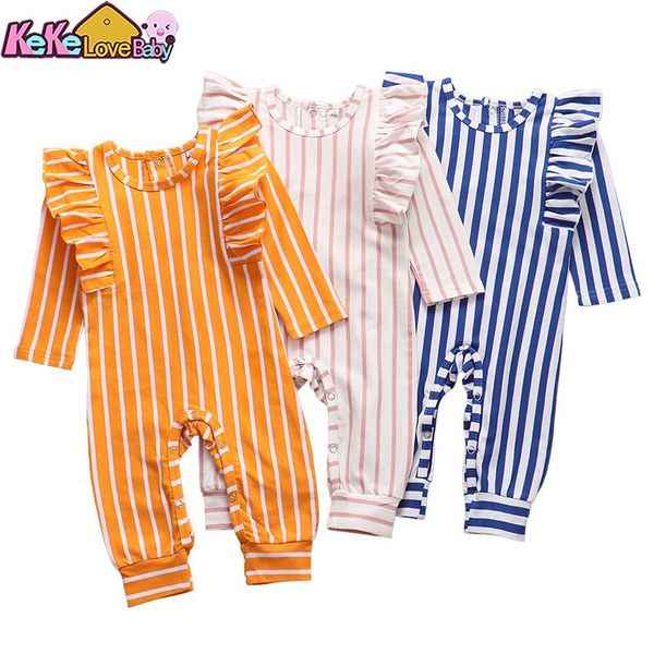 

jumpsuits born baby girls rompers ruffle solid color stripe cotton cute long sleeve jumpsuit infant toddler clothes, Blue