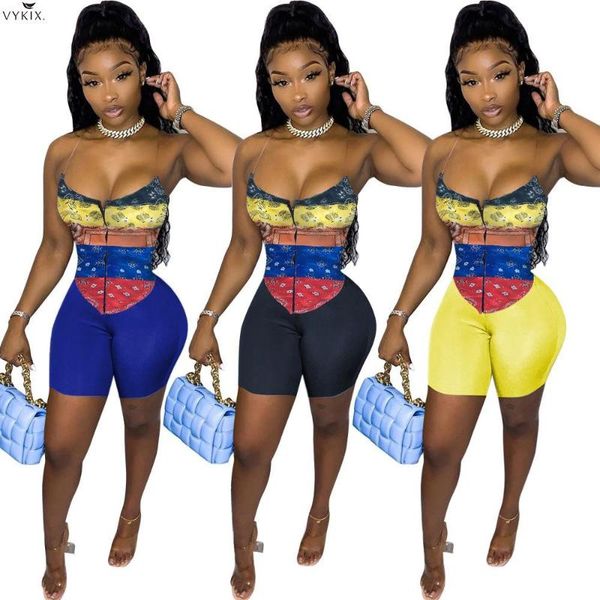 

women's tracksuits women set print sleeveless strap zipper slim crop strechy shorts two 2 piece sets summer club outfits, Gray