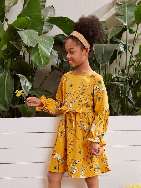 

girls floral print bell sleeve belted dress she, Red;yellow