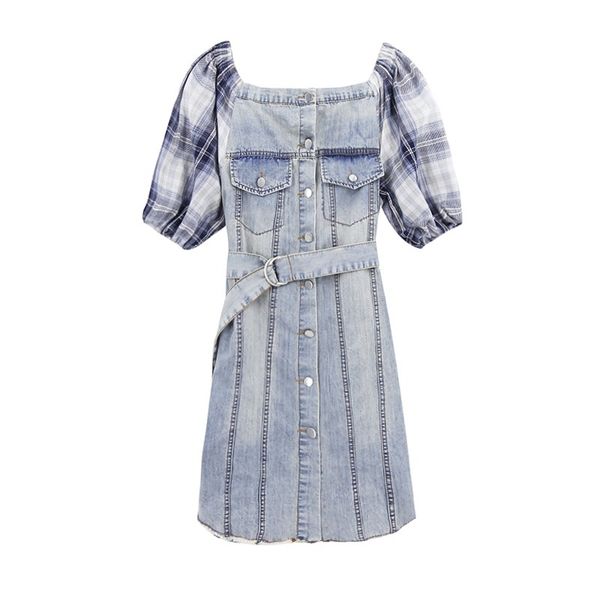 

women denim dress off shoulder plaid patchwork mini d1240 210514, Black;gray