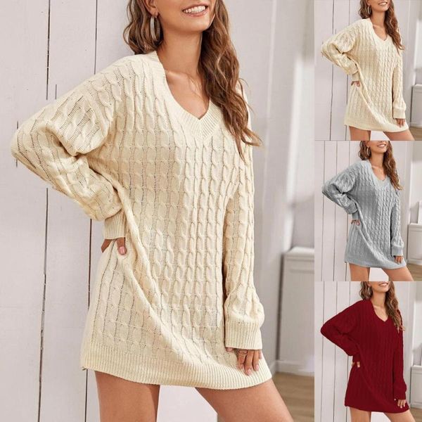 

casual dresses long sleeve ribbed cuffs mini sweater dress autumn winter solid color v-neck twist knitted knitwear, Black;gray