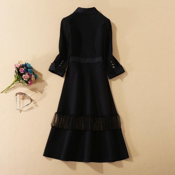 

casual dresses high street spring runway fashion women's notch collar black sheer lace patchwork mid calf length dress, Black;gray