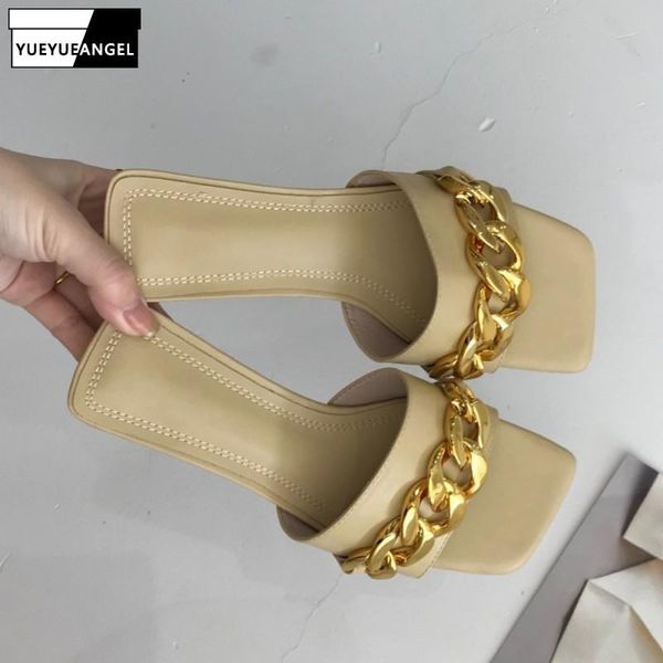 

slippers metal chain decoration mid heel women outdoor fashion summer pu leather square toe open female solid, Black