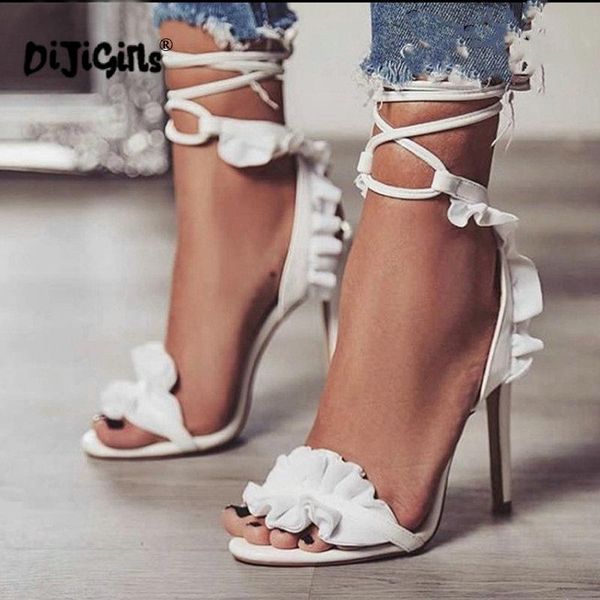 

dress shoes dropship cross bandage high heels sandals women pumps thin heel ruffle lace-up summer fashion open toe, Black