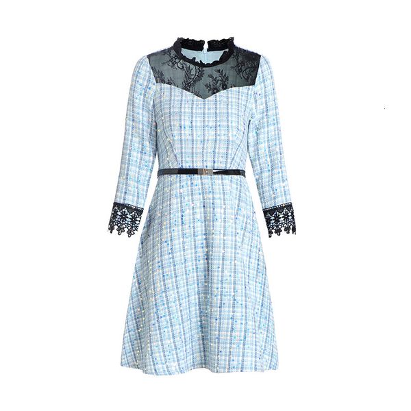 

casual dresses fall autumn 4/5 sleeve round neck blue plaid print tweed sequins panelled belted knee-length dress elegant wsp23601 bzz7, Black;gray