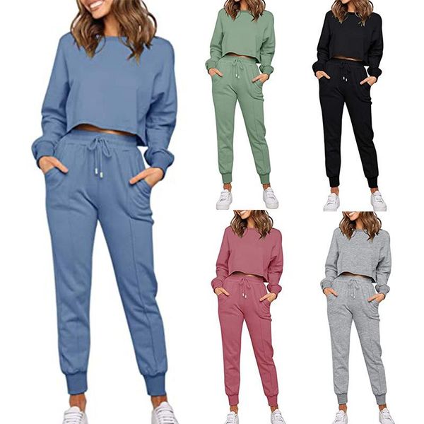 

women's tracksuits solid color long-sleeved trousers round neck sports casual suit, Gray