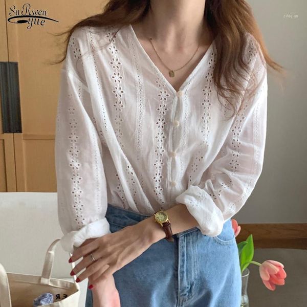 

women's blouses & shirts 2021 korean fashion elegant embroidered hook flower v-neck shirt summer white cotton blouse women solid blusa