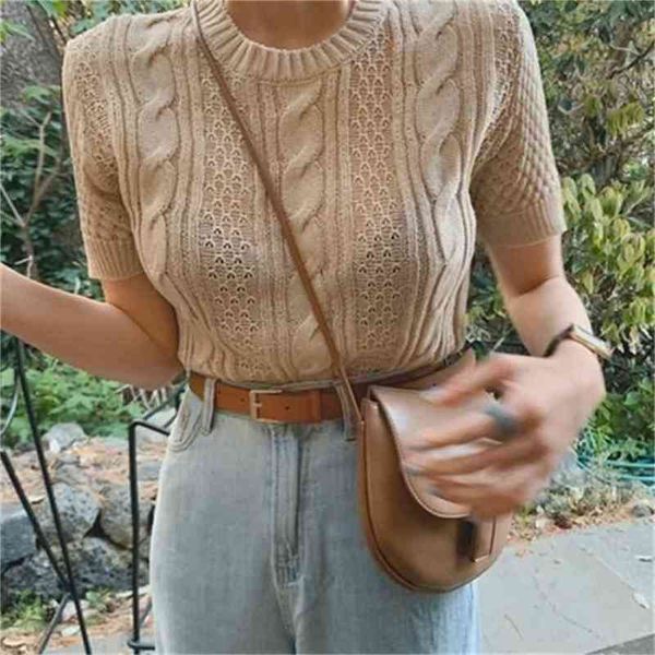 

south korea summer twist hook flower hollow round neck middle sleeve simple fashion bottoming sweater shirt women 210520, White;black