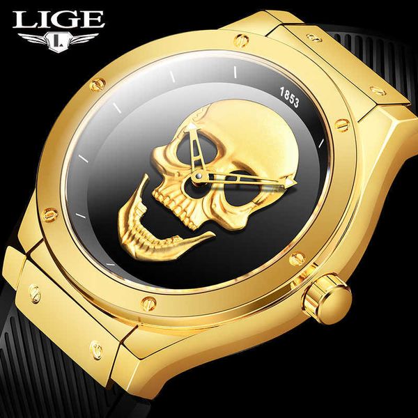 

relogio masculino watches men luxury brand lige creative men 3d skull watch silicagel waterproof quartz men watch gold 210527, Slivery;brown