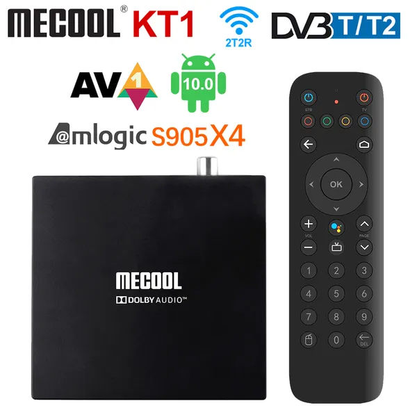 Mecool KT1 Google-zertifizierte Smart-TV-Box Android 10.0 DVB-T DVB-T2 Amlogic S905X4, unterstützt AV1 4K 60fps 2T2R Dual WIFI USB3.0 Sprachsuchfernbedienung