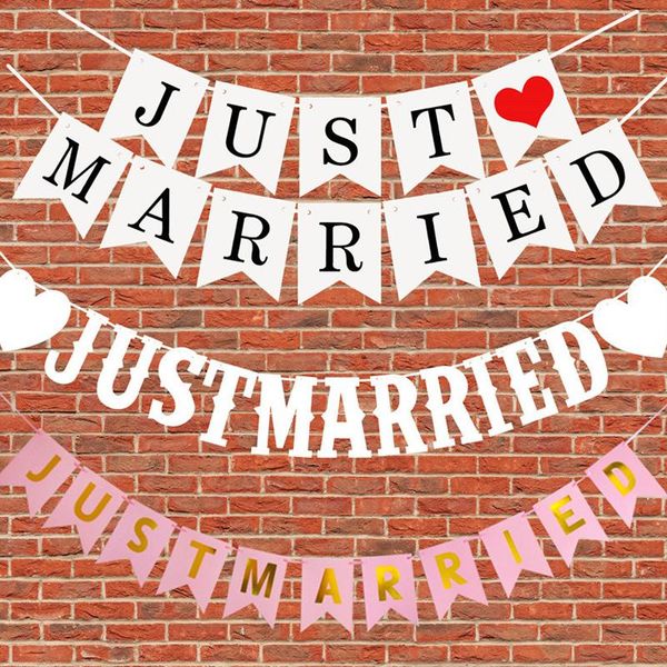 

party decoration 1pc bunting flags just married vintage paper banner with ribbon white wedding garland romantic