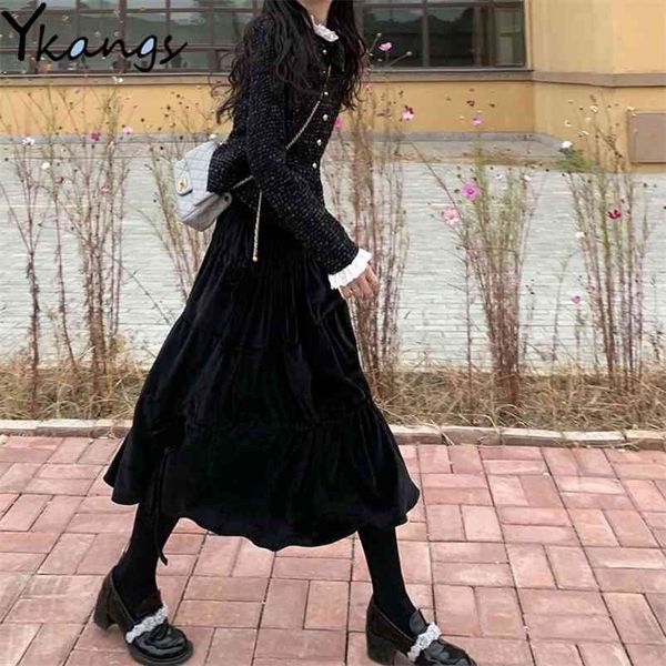 Старинные черные бархатные женщины юбка сладостный торт слоистый длинный MIDI плиссированный корейский стиль многоуровневый тюль Ins линия MAXI 210421