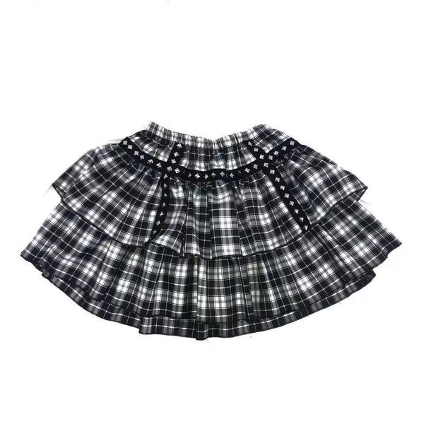 

gothic white black plaid women skirts short rivet punk style double layer high waist ball gown female