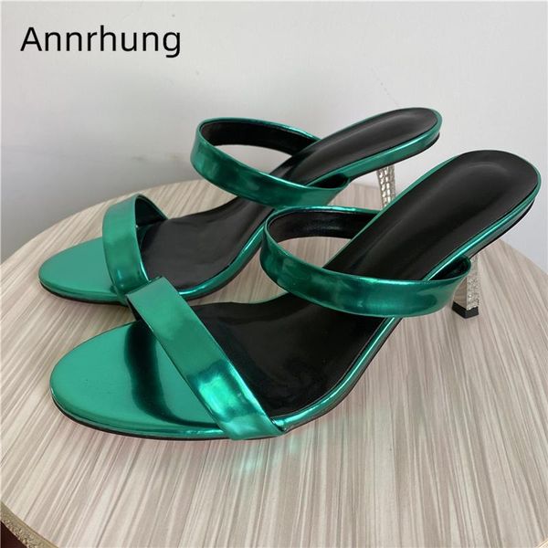 

slippers bright patent leather narrow band women jeweled diamond thin heel one-strap slip-on party shoes woman, Black