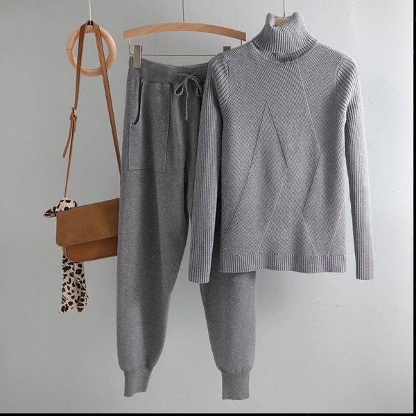 

turtleneck sweater 2 pieces women tracksuits set chic knitted pullover pants jumper trousers suits, Gray
