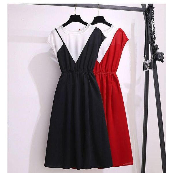 

casual dresses large size women's fashion suspender fake two long skirts 2021 summer fat sister waist slim short sleeve dress, Black;gray