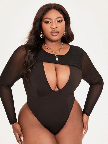 

sxy plus cutout front solid bodysuit w0yh#, Black