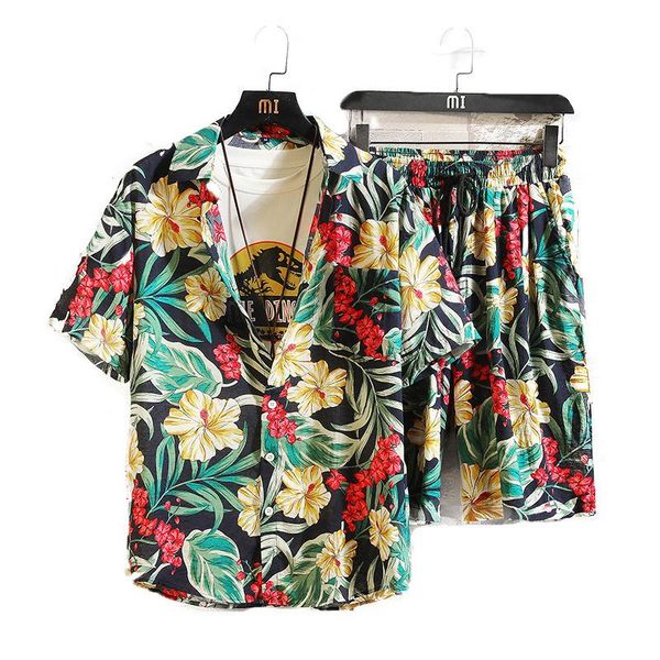 

men's tracksuits 2021 hawaiian beach flower shirt short sleeve set loose shorts two piece, Gray