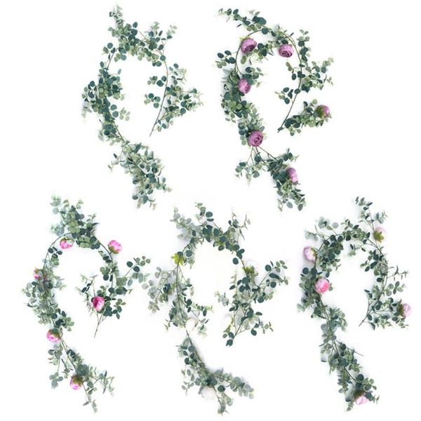 

artificial rose flower string eucalyptus leaves rattan with 6 flowers for wedding decoration background garden wall decor 185cm decorative &