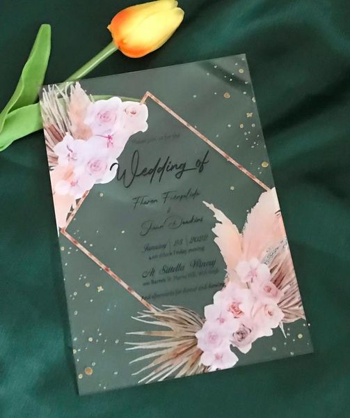 

greeting cards pampas grass acrylic wedding invitation,acrylic baptism invitations,10pcs customized invitations,wedding boda invitation